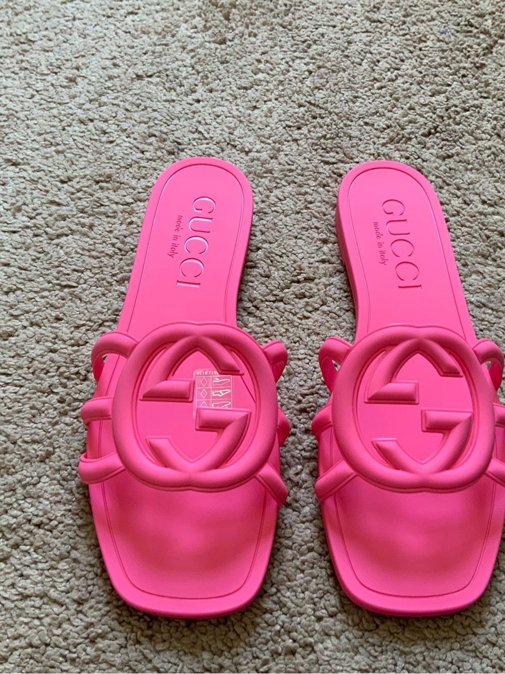 Gucci Women’s Interlocking G Rubber Flat Palma Slides Sandals Knit Rose Size 38